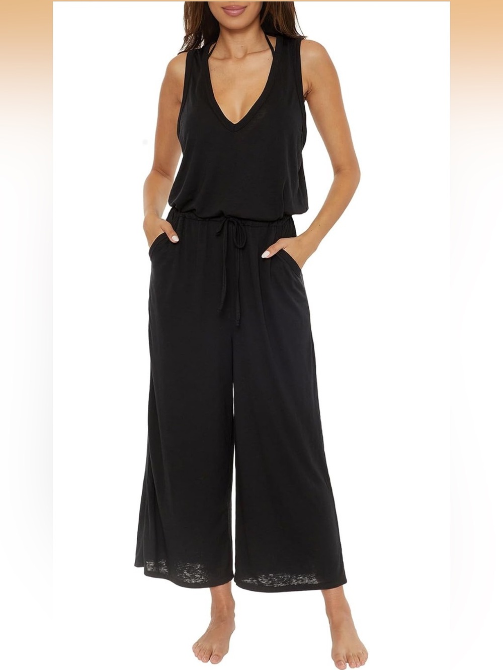 NWT BECCA Black Sleeveless V-Neck Wide-Leg Jumpsuit with Drawstring Waist